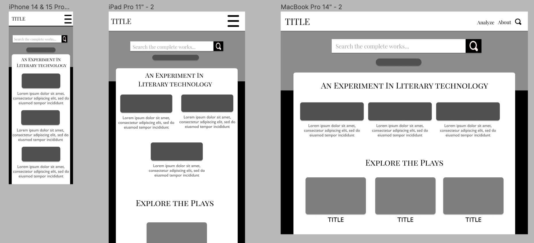 Low-Fidelity wireframes for desktop, tablet, and mobile devices