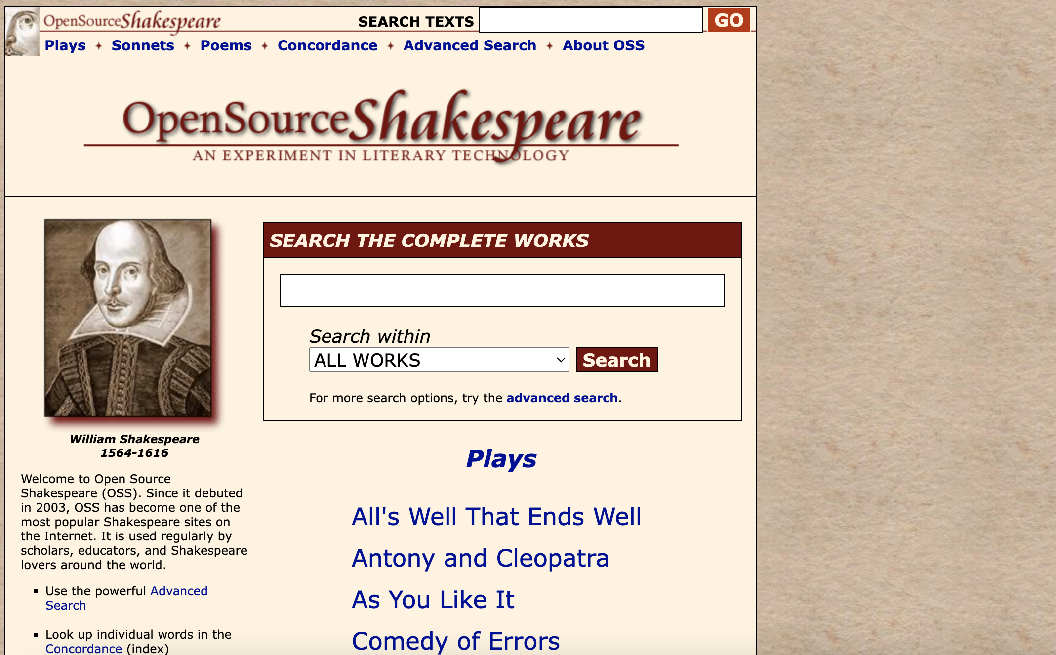 Original Open Source Shakespeare Website